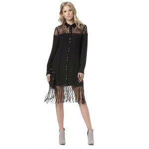 Miss Me Womens S Black Floral Lace Yoke Fringe Shirt Dress Western Boho Festival